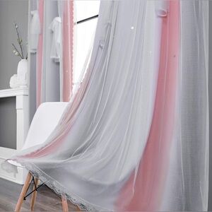 PAIR of Pink & Grey Star Cutout Blackout Curtains